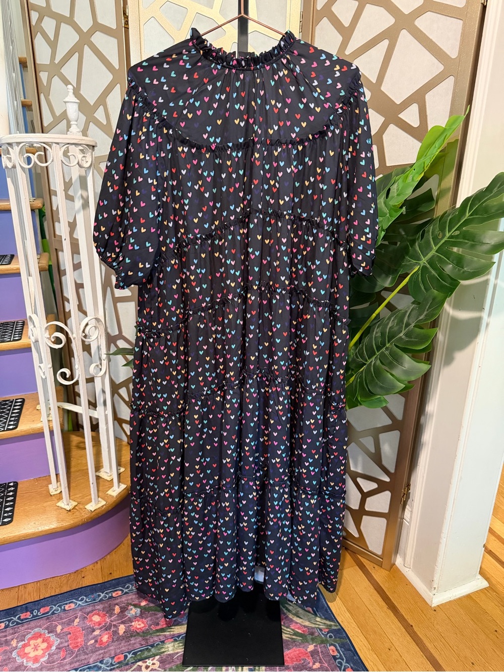 Sister Jane Heart Print Tiered Midi Dress Black Multicolor Puff Sleeve L+ NWT